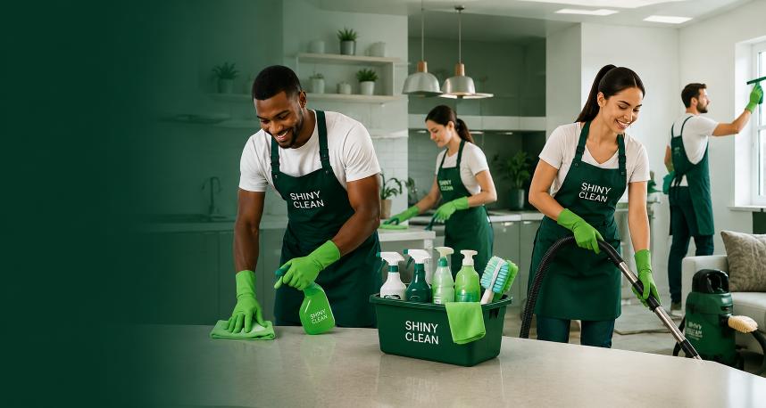 Shiny Clean team of male and female cleaners with professional equipment in a bright modern kitchen
