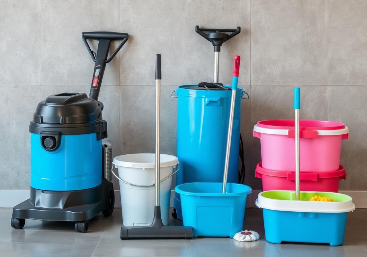 Commercial cleaning equipment and supplies prepared for facility service
